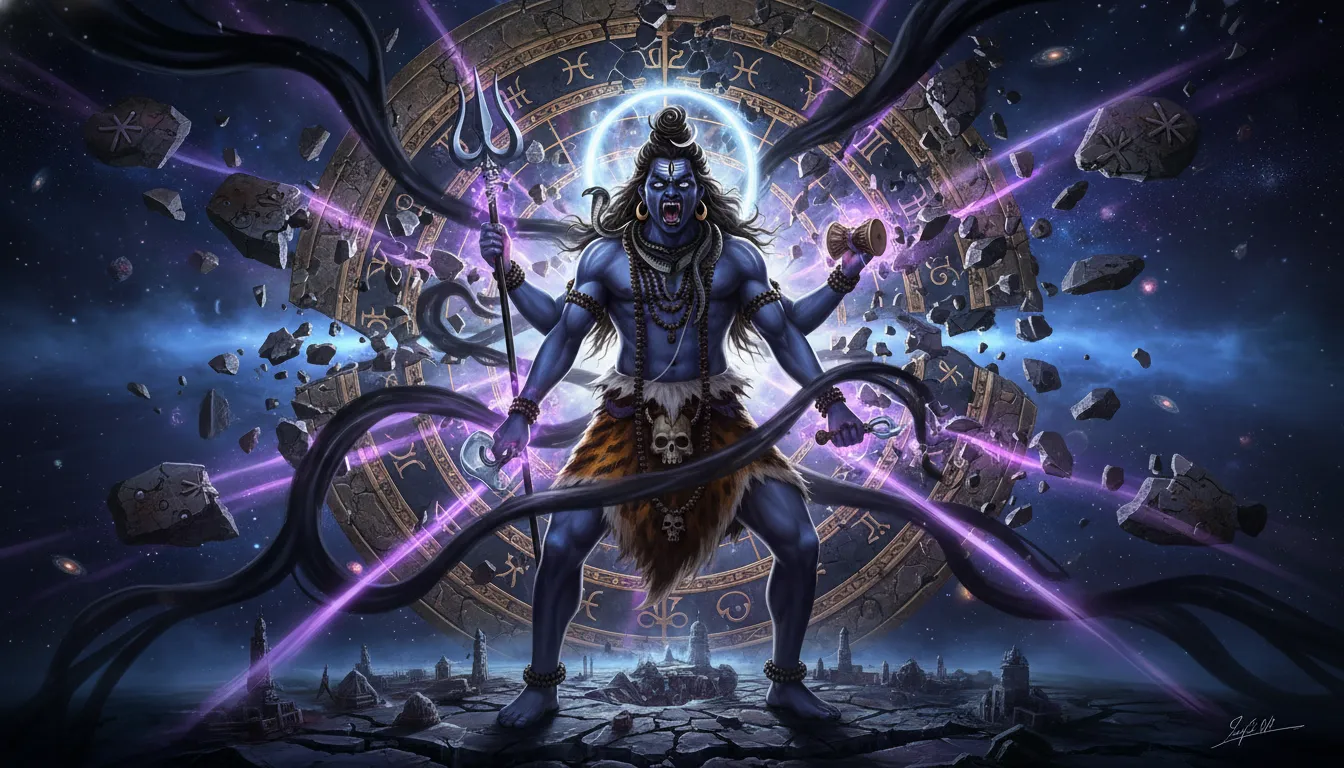 Lord Shiva as Mahakala standing before a giant cosmic clock shattering into pieces.
