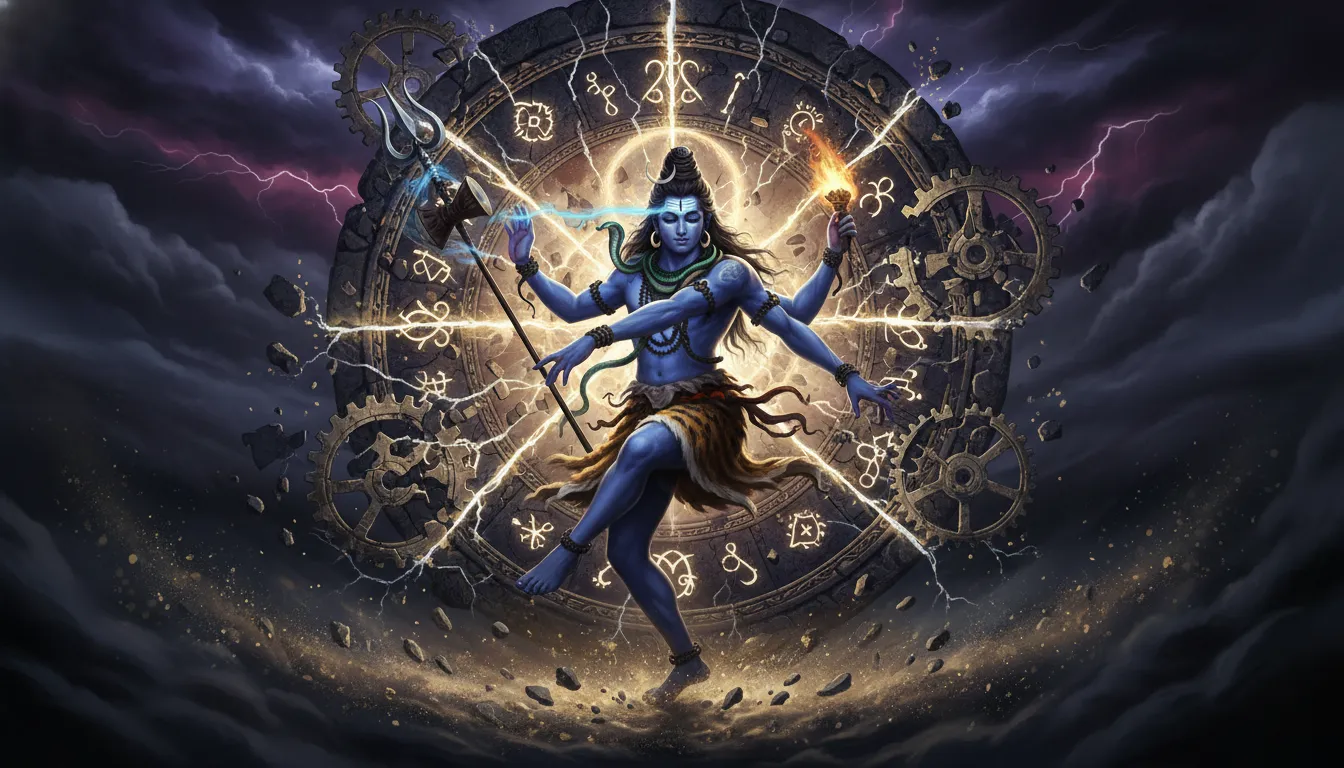 Lord Shiva as Mahakala performing the Tandav with a massive ancient clock symbol in the background.