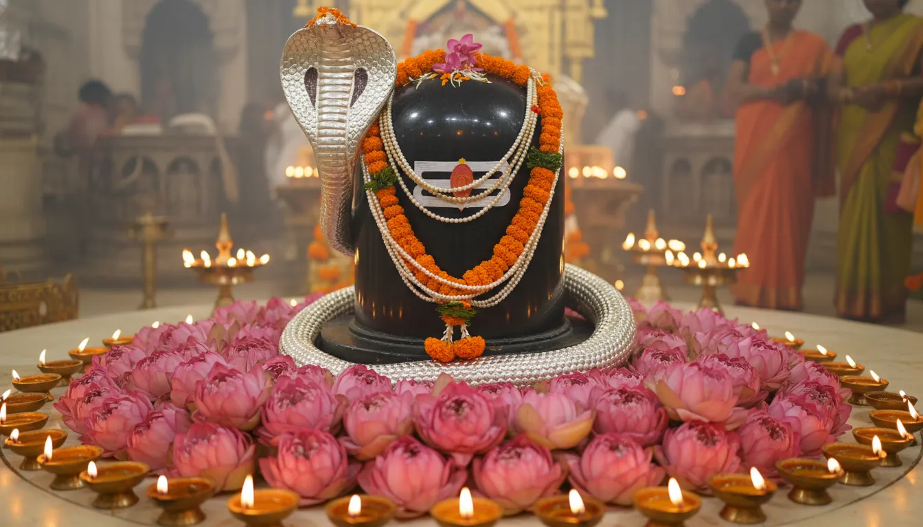 Big Shiva Lingam decorated grandly with pink lotus flowers for Mahashivratri festival