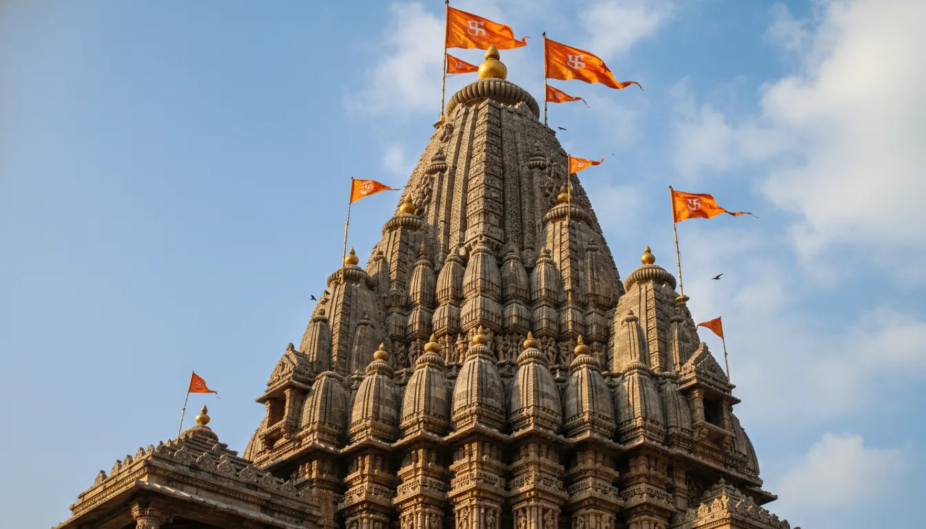 A high-angle close view of the main carved Shikhara spire of Om Kareshwar Mahadev temple reaching into a clear sky.