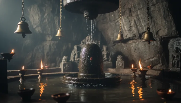 Tapkeshwar Mahadev Mandir photos showing the sacred Shivalinga inside the natural cave temple with water droplets falling on it.