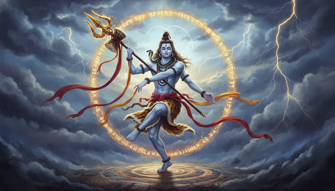 Powerful artwork of Lord Shiva dancing dynamically while holding a golden trident