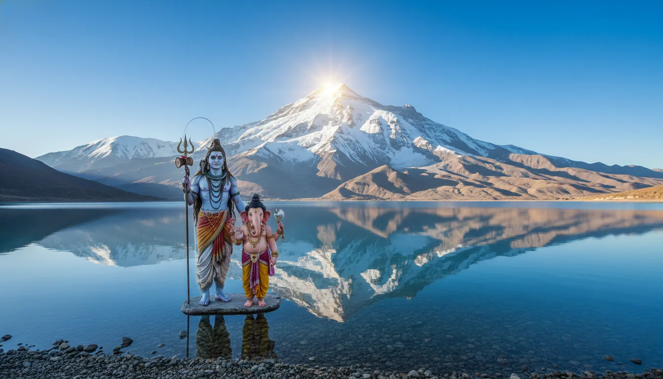 Mahadev and Ganpati photo with Mount Kailash and Mansarovar lake.