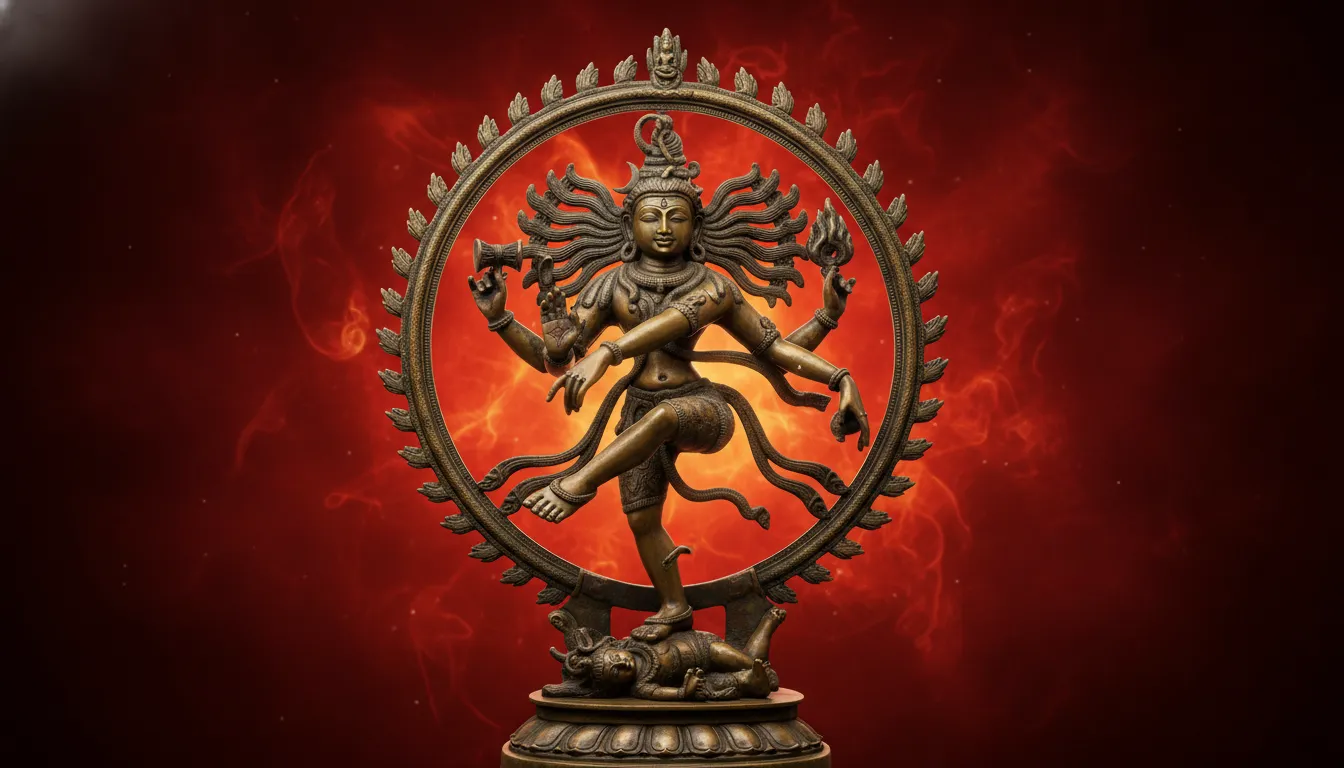 Antique bronze Nataraja statue dancing within a cosmic ring of fire against a deep crimson backdrop