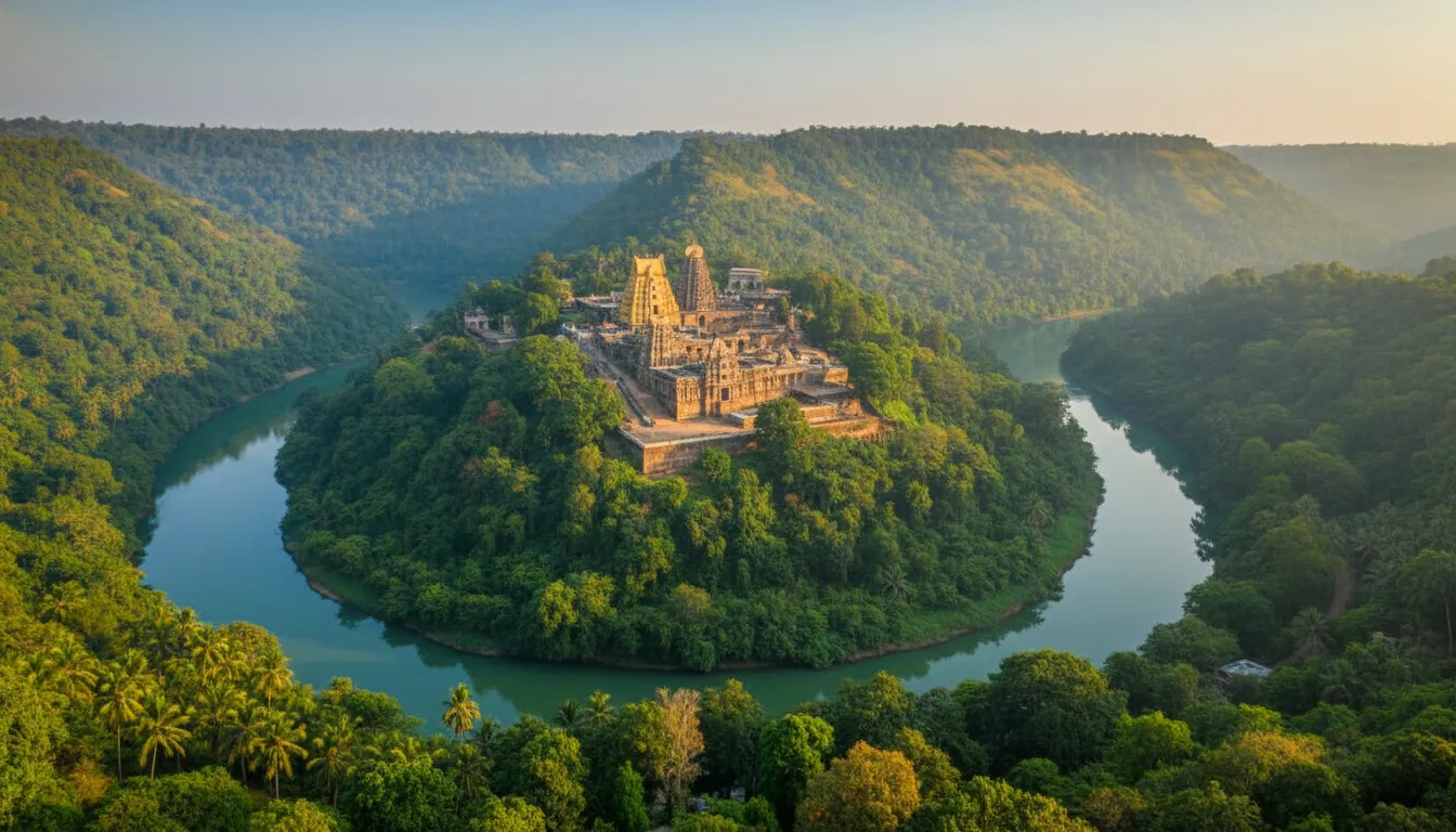 Mallikarjuna temple Srisailam Jyotirlinga on Nallamala hills surrounded by nature