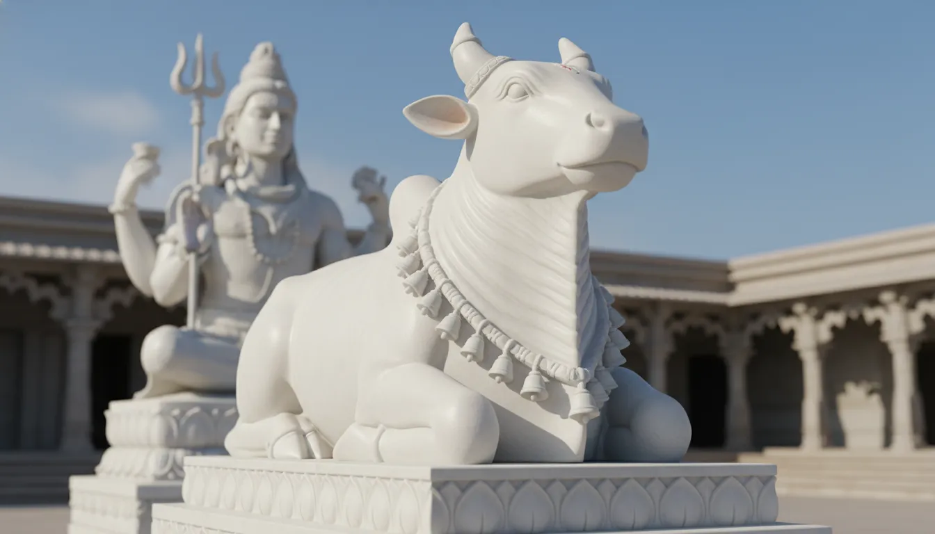 white marble Nandi bull statue sitting before Lord Shiva symbol of devotion