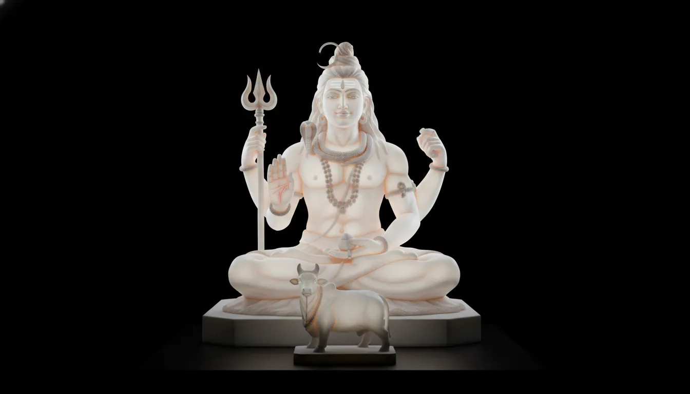 white marble Shiva statue with dramatic lighting effect divine glow