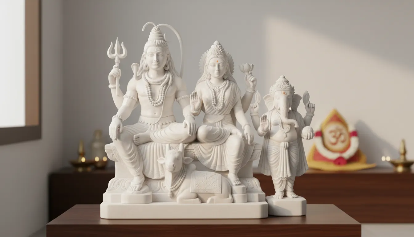 white marble statue set of Shiva Parvati and Ganesha with Nandi