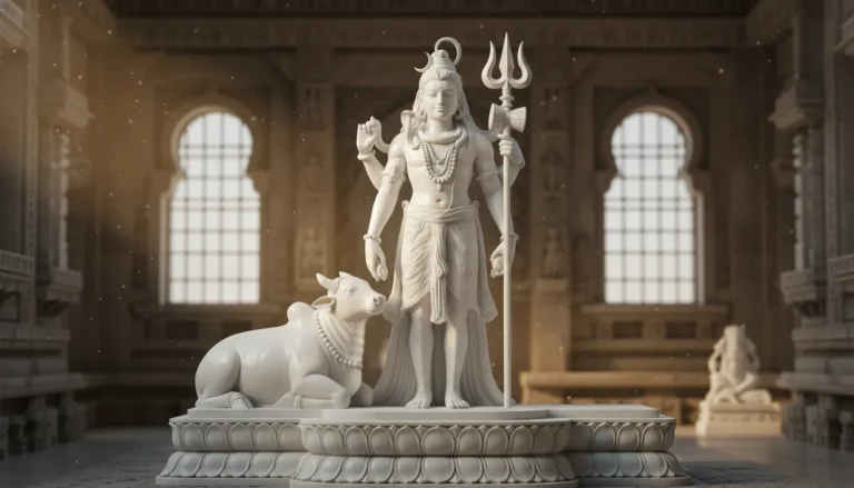 white marble Lord Shiva statue with Nandi bull spiritual sculpture