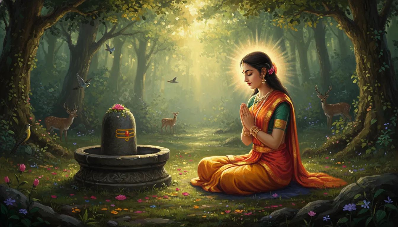 Goddess Sati meditating on a Shivling in a lush green forest with sunlight filtering through trees