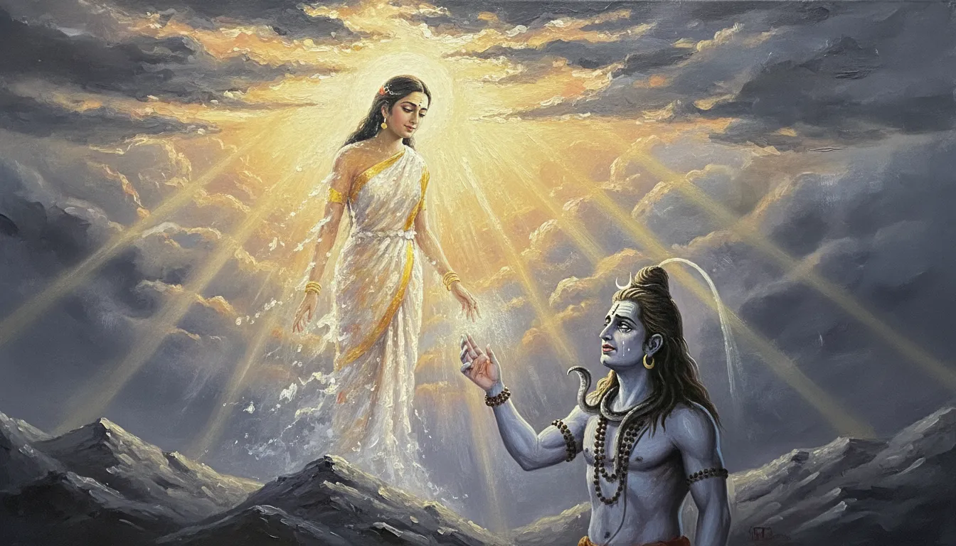 Goddess Sati promising to return as Parvati to Lord Shiva in a beam of heavenly light