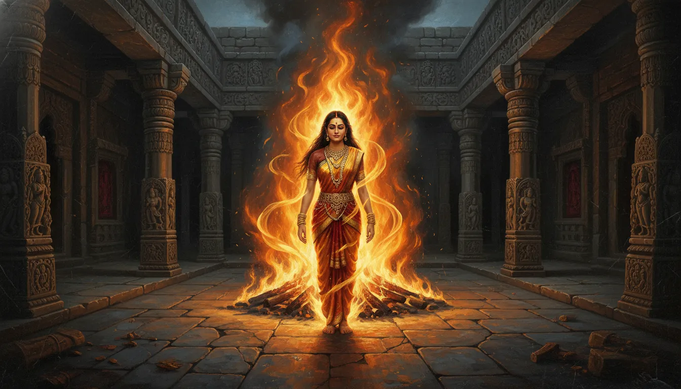 Mata Sati sitting calmly surrounded by divine flames at the Daksha Yajna