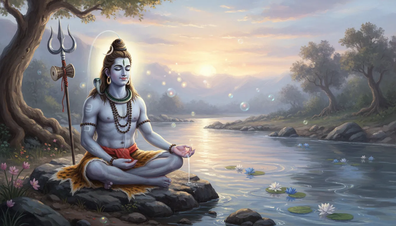 Lord Shiva meditating peacefully on a riverbank with flowing water.