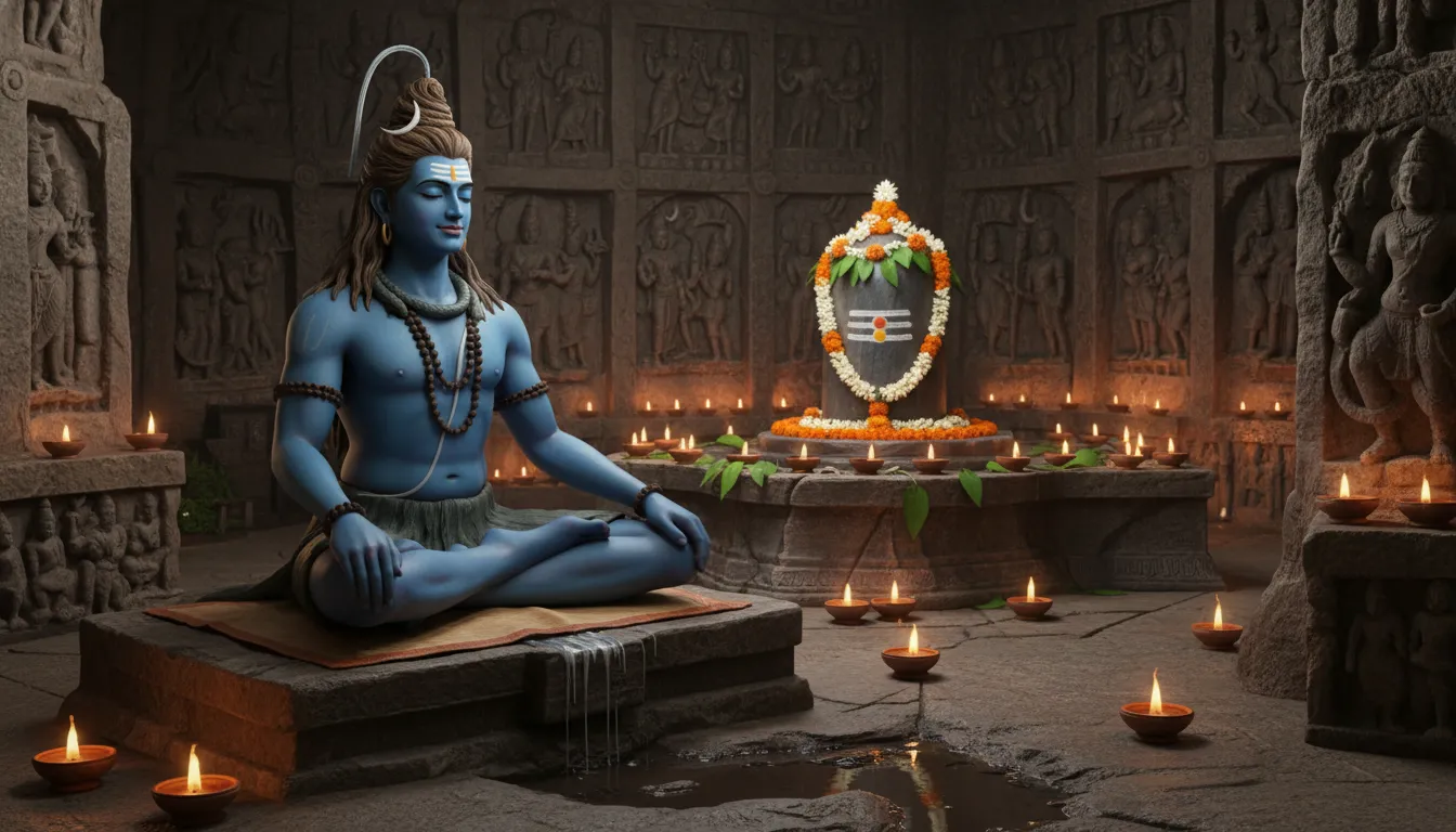 Lord Shiva meditating inside a rustic stone cave illuminated by oil lamps.