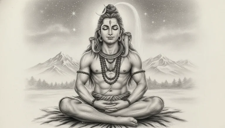 A detailed pencil sketch of Lord Shiva meditating in the Himalayas with a serene expression.