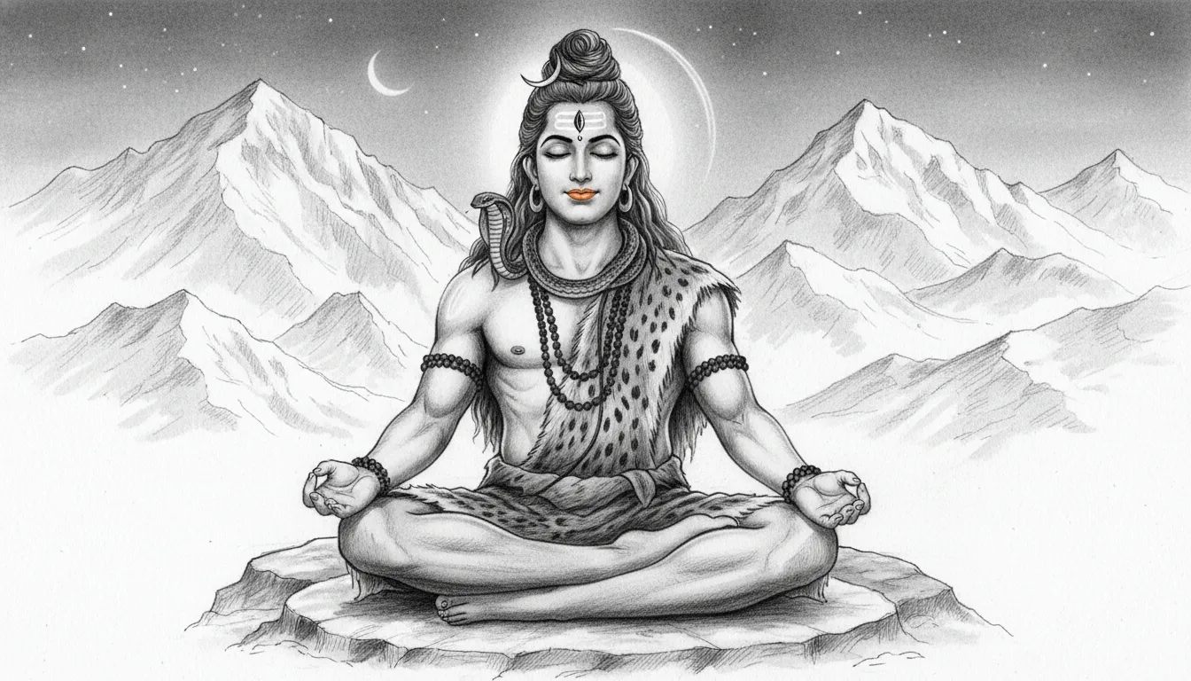 Black and white sketch of Lord Shiva meditating in the Himalayas with a subtle lip tint.