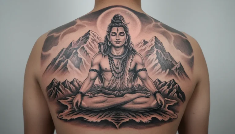 Lord Mahadev meditating in Himalayas tattoo photo on forearm