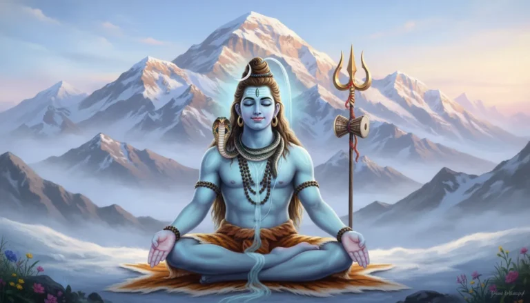 Lord Shiva meditating peacefully in snow-covered Himalayas with trishul.