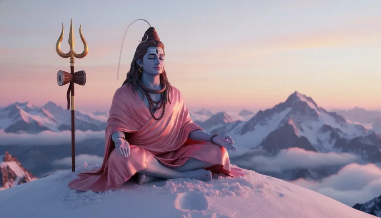 Pink Lord Shiva meditating in lotus pose, silver trident resting beside him on a mountain peak