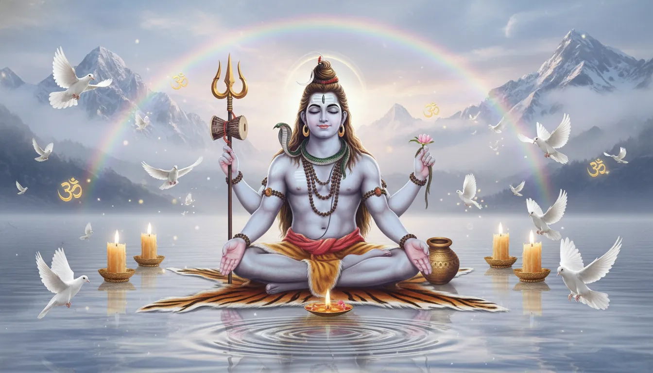 Lord Shiva seated in meditation on a tiger skin over water with mountains, clouds, candles, doves, and sacred symbols around him.
