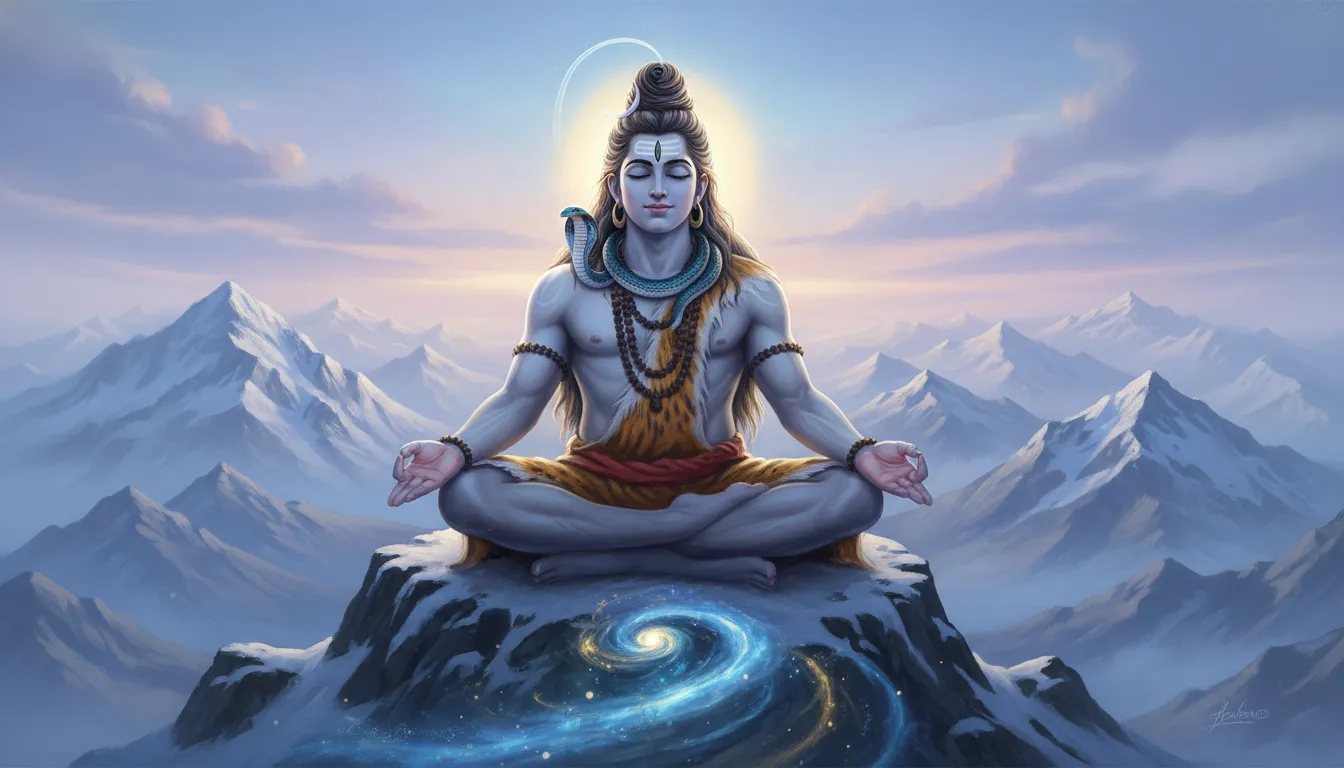 A serene digital painting of Lord Shiva sitting in deep meditation on Mount Kailash with his Jata tied in a high, neat crown.