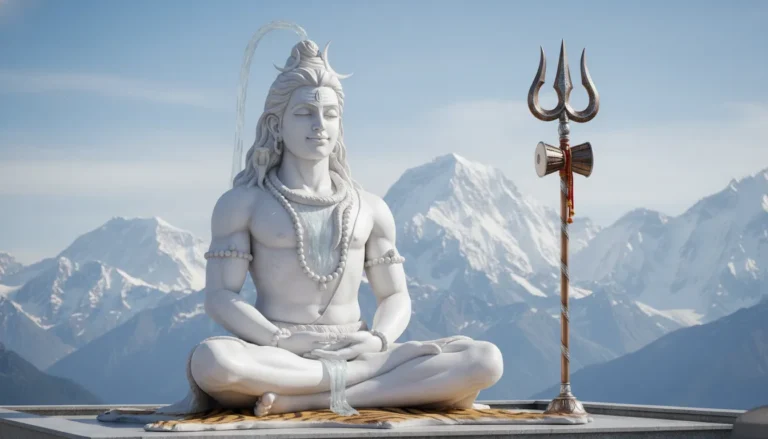 Lord Shiva meditating stone idol amidst snow covered Himalayan peak backdrop under clear blue sky