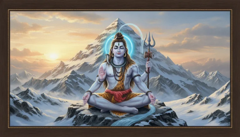 Lord Shiva meditating in the snow-capped Himalayan mountains photo frame