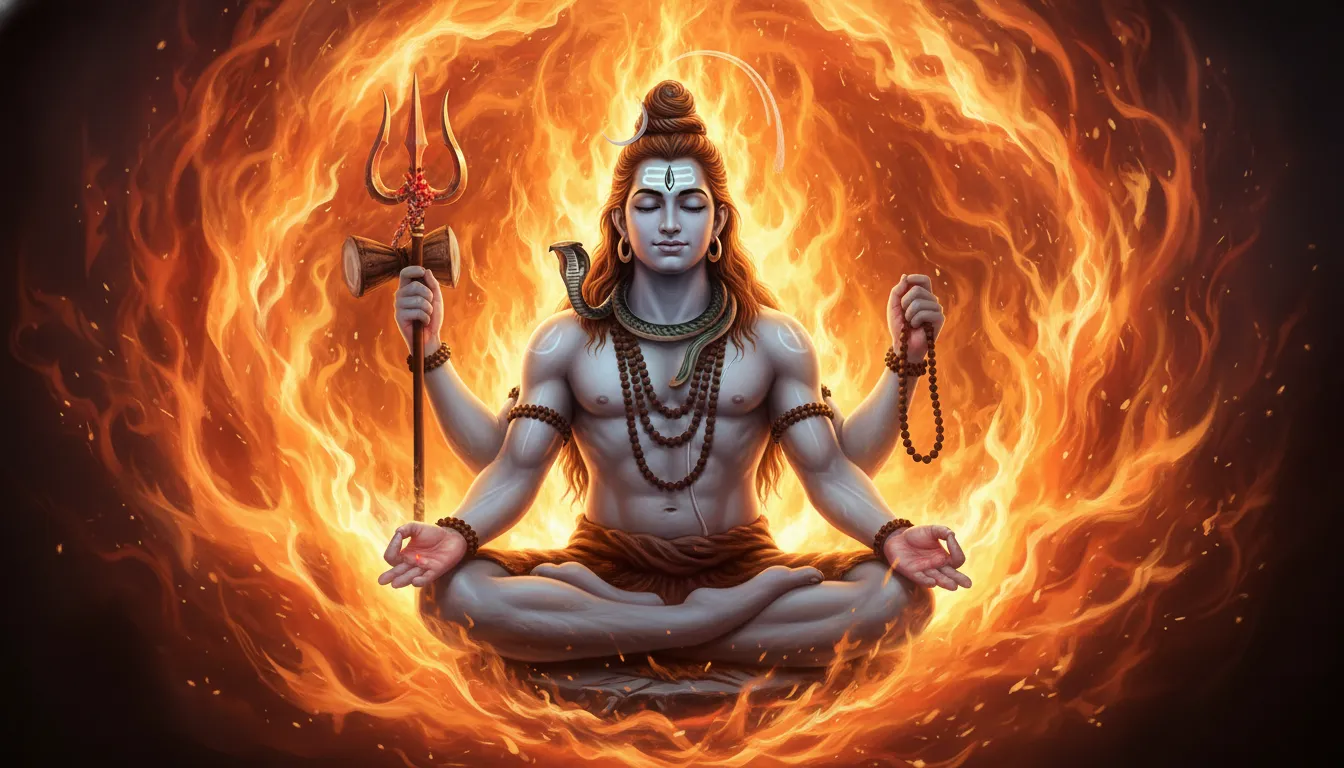 Four-armed Shiva sitting calmly in a lotus meditation posture surrounded by intense spiritual flames.