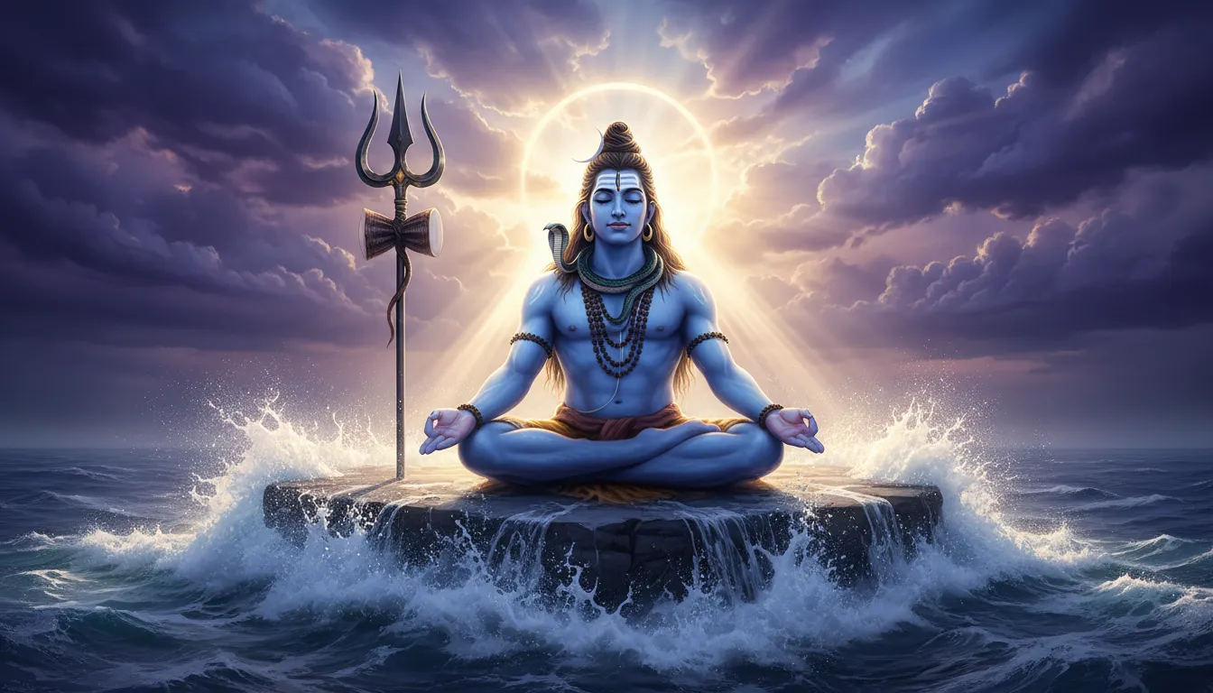 Lord Shiva sitting in meditation above ocean waves under a purple cloudy sky.