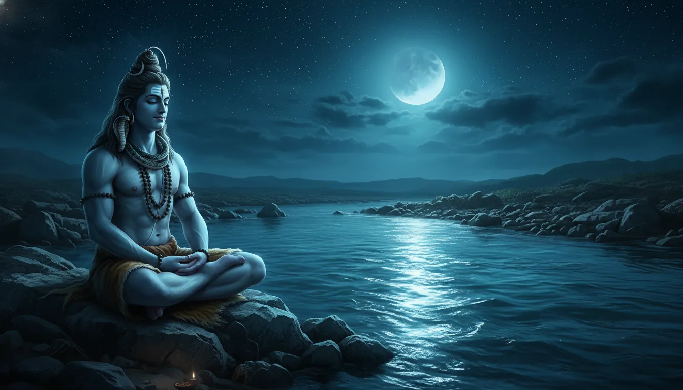 Lord Shiva sitting in meditation under an ancient banyan tree inside a quiet forest illuminated by the moon.