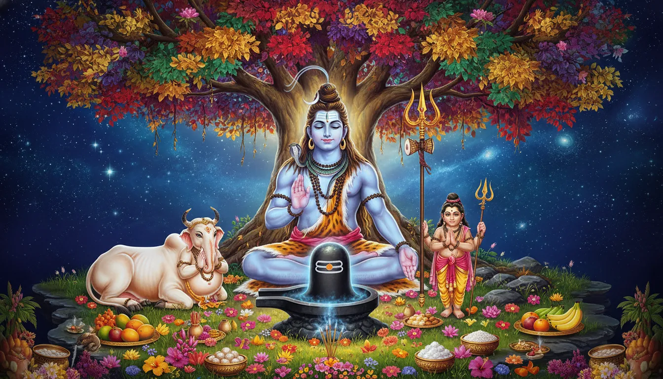 Lord Shiva sits in meditation under a colorful tree with Ganesha, a divine child figure, Nandi, a lingam, flowers, and offerings nearby.