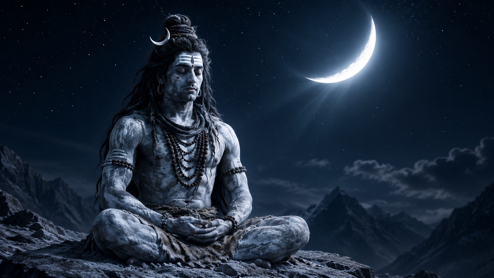 Detailed artwork of Lord Shiva covered in sacred ash meditating under a soft silver crescent moon.