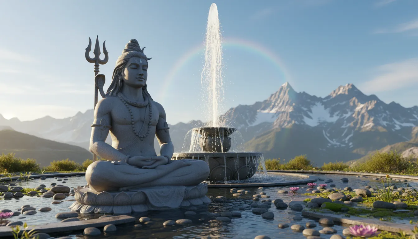 statue of Lord Shiva meditating with tall water fountain behind and mountains in background