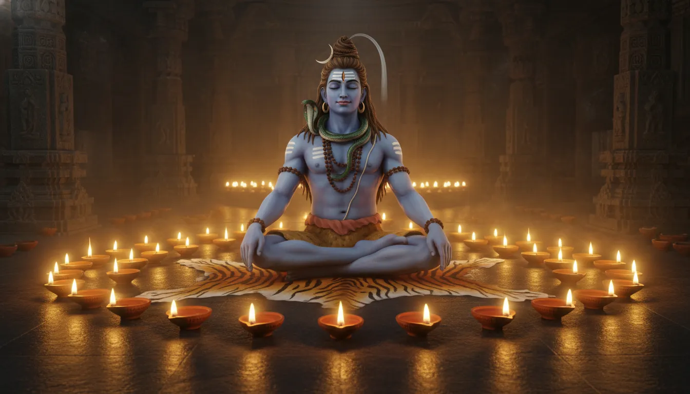 Lord Shiva meditating peacefully surrounded by a circle of warm glowing oil lamps