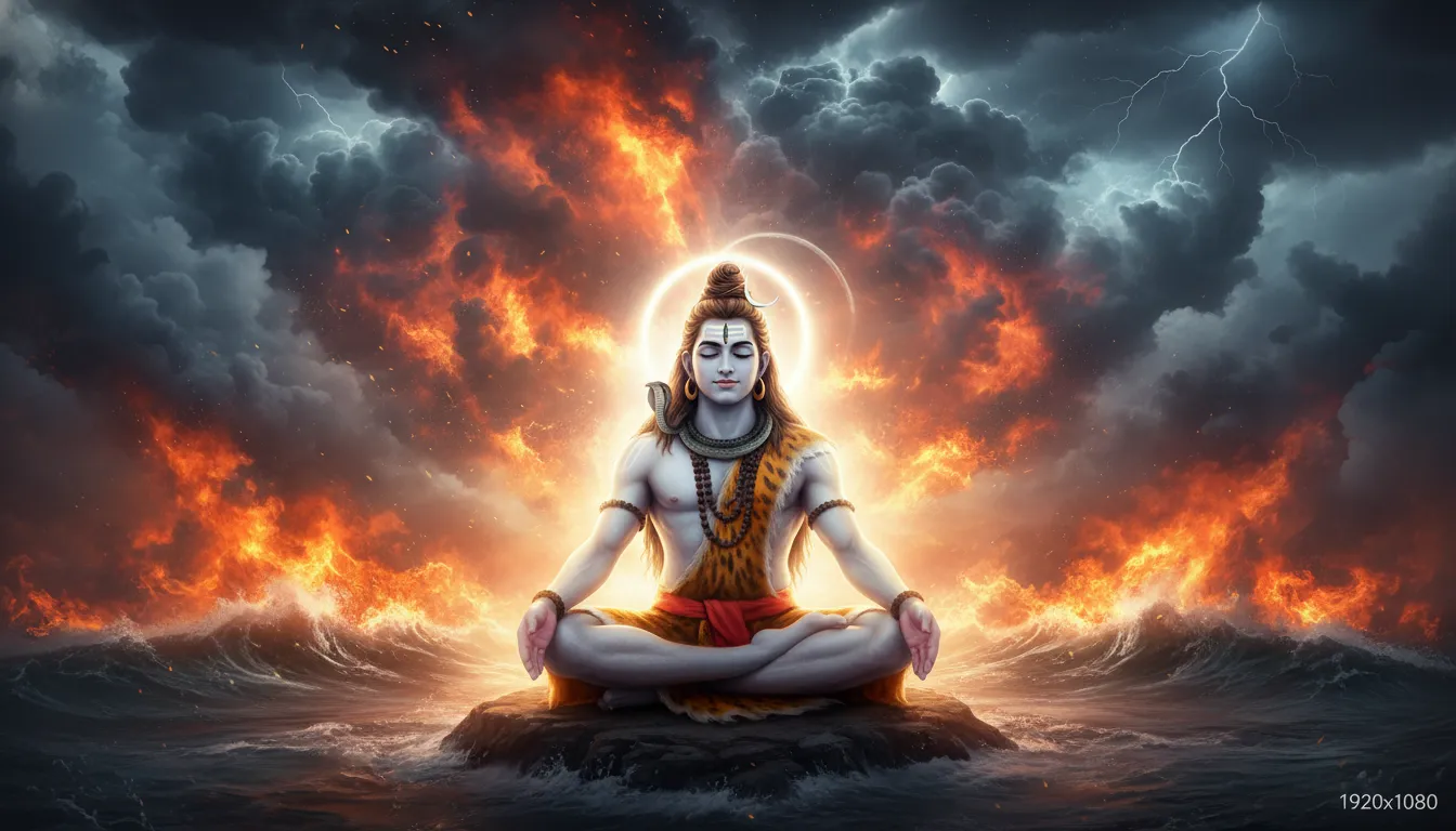 Lord Shiva meditating peacefully while surrounded by a fierce storm and roaring fire
