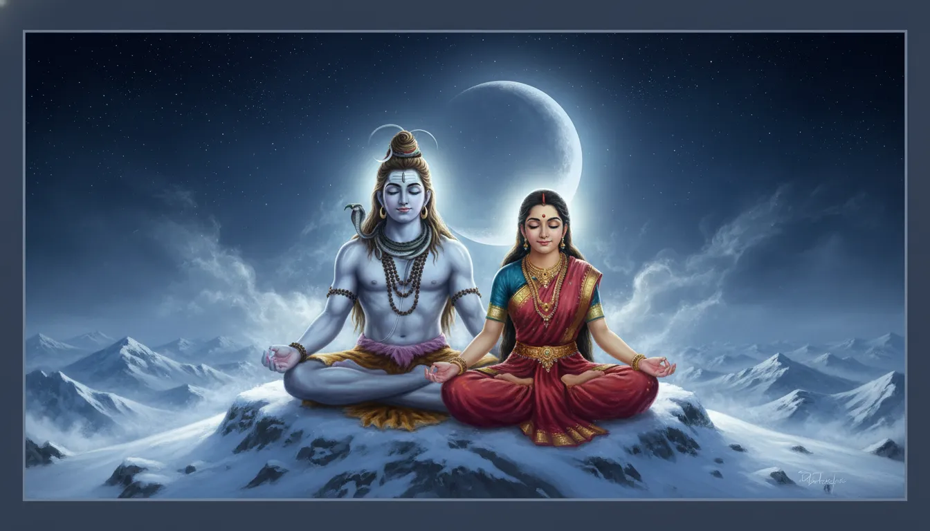 Lord Shiva and Goddess Parvati meditating together on Mount Kailash under a bright full moon