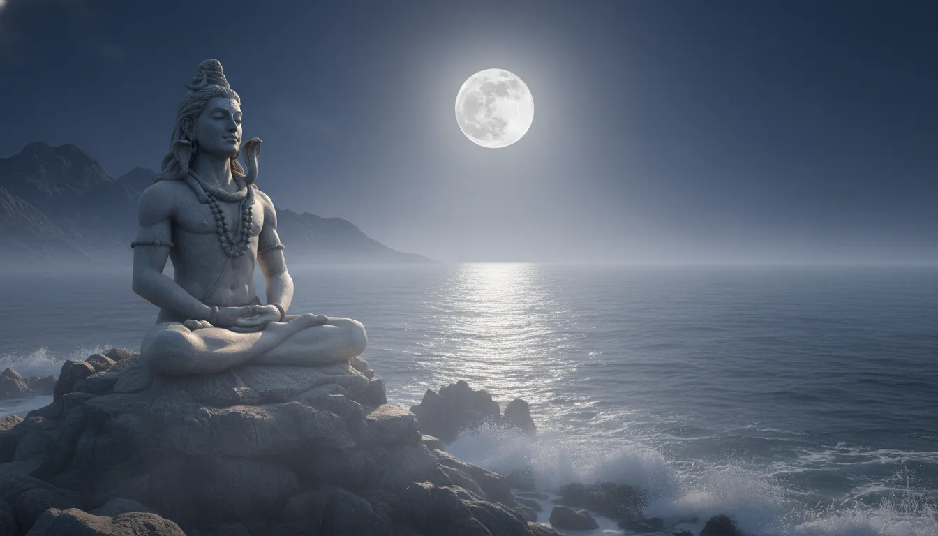 A peaceful Shiva figure meditating on rocks beside the ocean under a glowing full moon and blue night sky.