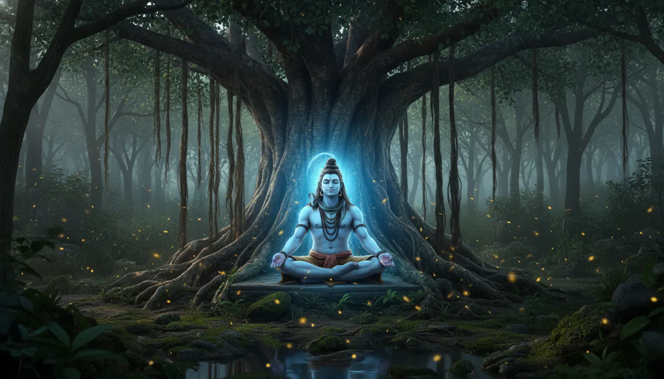 Lord Shiva meditating under a giant banyan tree in a dark mystical forest with glowing blue energy