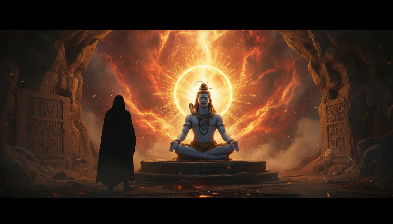 Shiva seated in meditation with golden light behind him inside a dark fiery cave landscape
