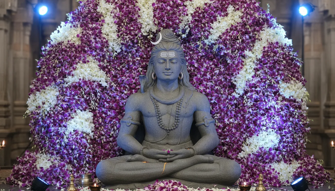 Large meditating Lord Shiva idol decorated with purple and white orchid flowers