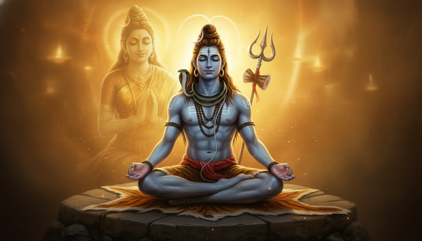 Shiva seated in meditation on an animal-skin base with a larger divine figure behind him.