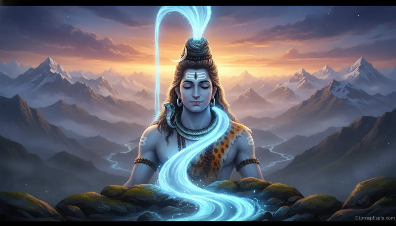 Holy river Ganga flowing from the matted hair of meditating Lord Shiva