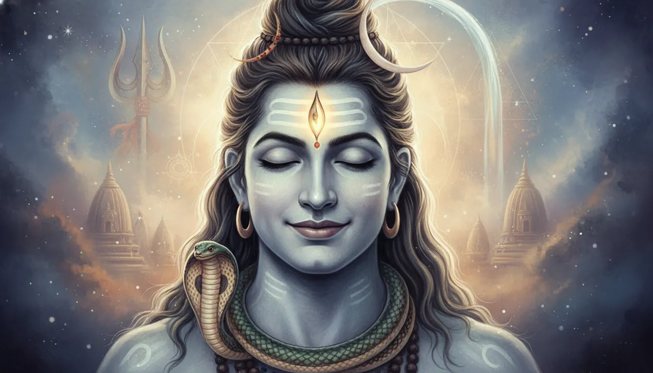 Close portrait of meditating Lord Shiva with glowing third eye.