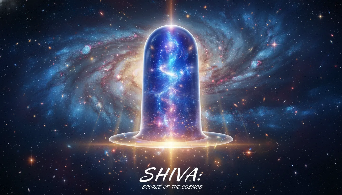 Abstract digital art of a glowing cosmic Shiva Lingam surrounded by a colorful nebula background.