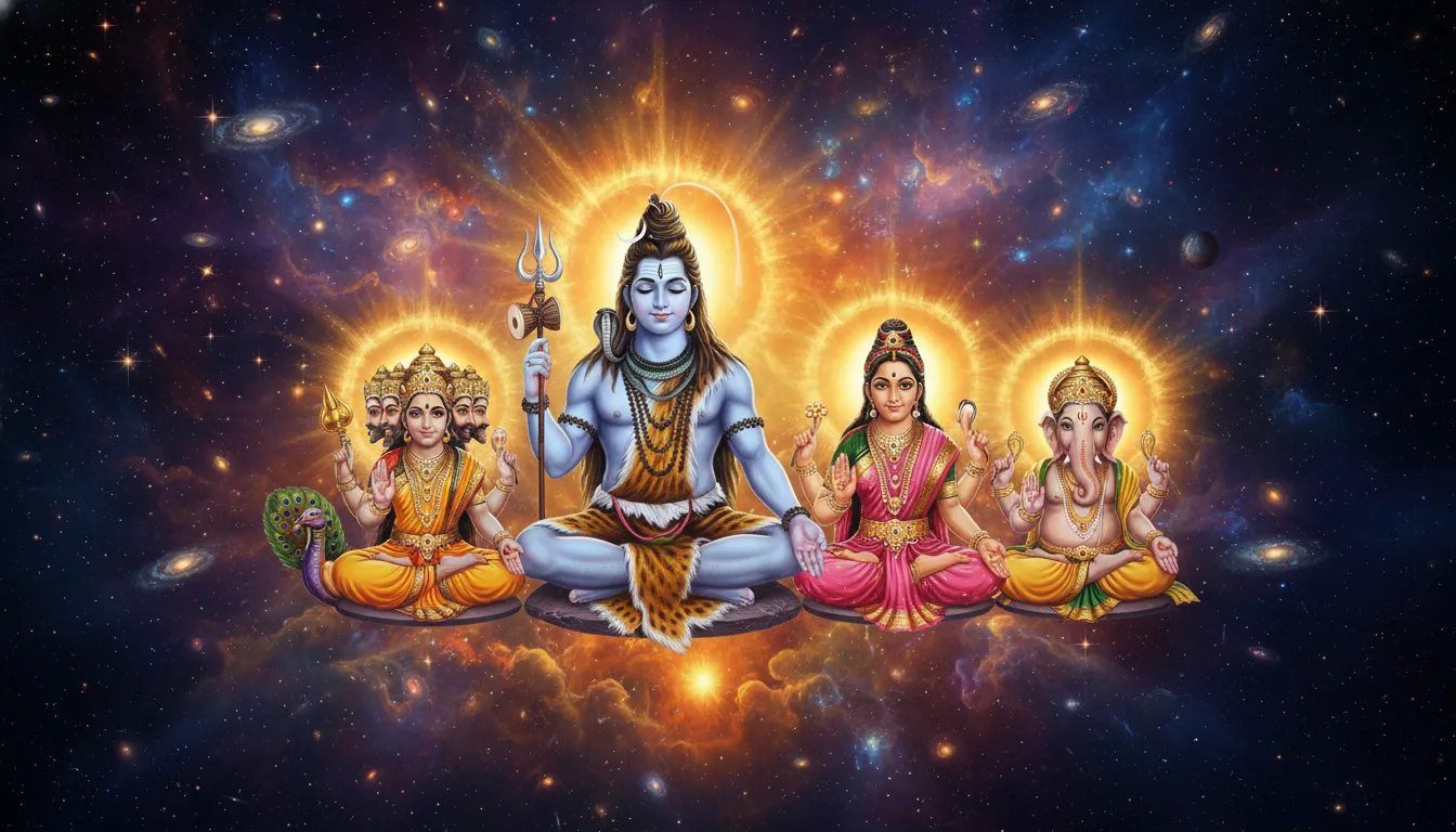 A spiritual painting of the Shiva family sitting in a deep meditative posture surrounded by a golden aura.
