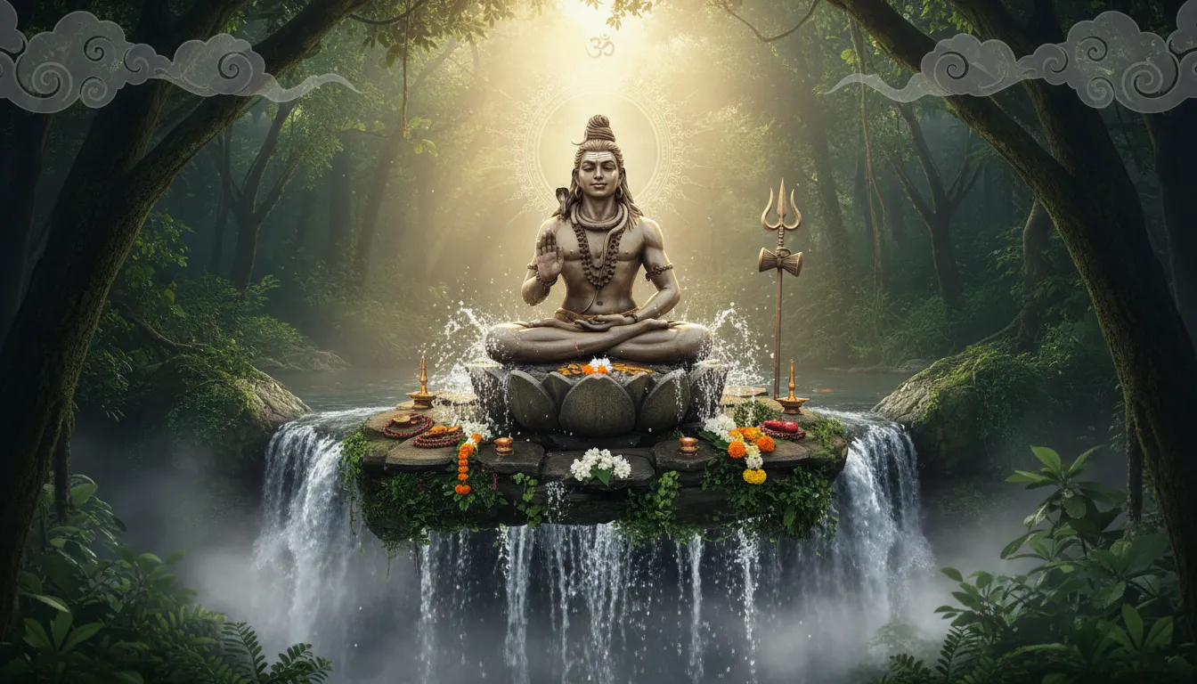 Statue of Shiva in meditation posture above a flowing waterfall with symbolic elements around