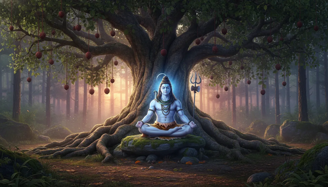 Detailed artwork of Lord Shiva sitting in meditation under a large blooming Rudraksha tree