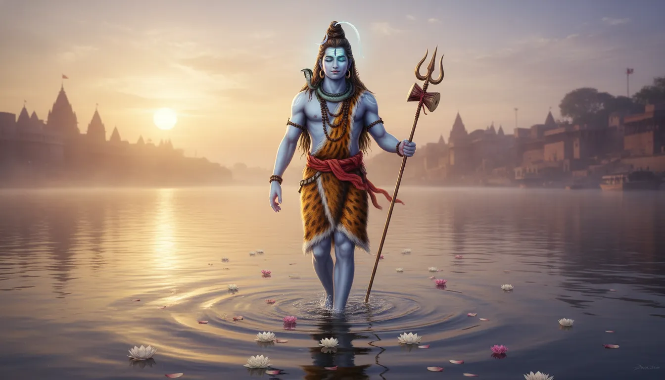 Walking Shiva on the Ganges river surface with trident and third eye glowing