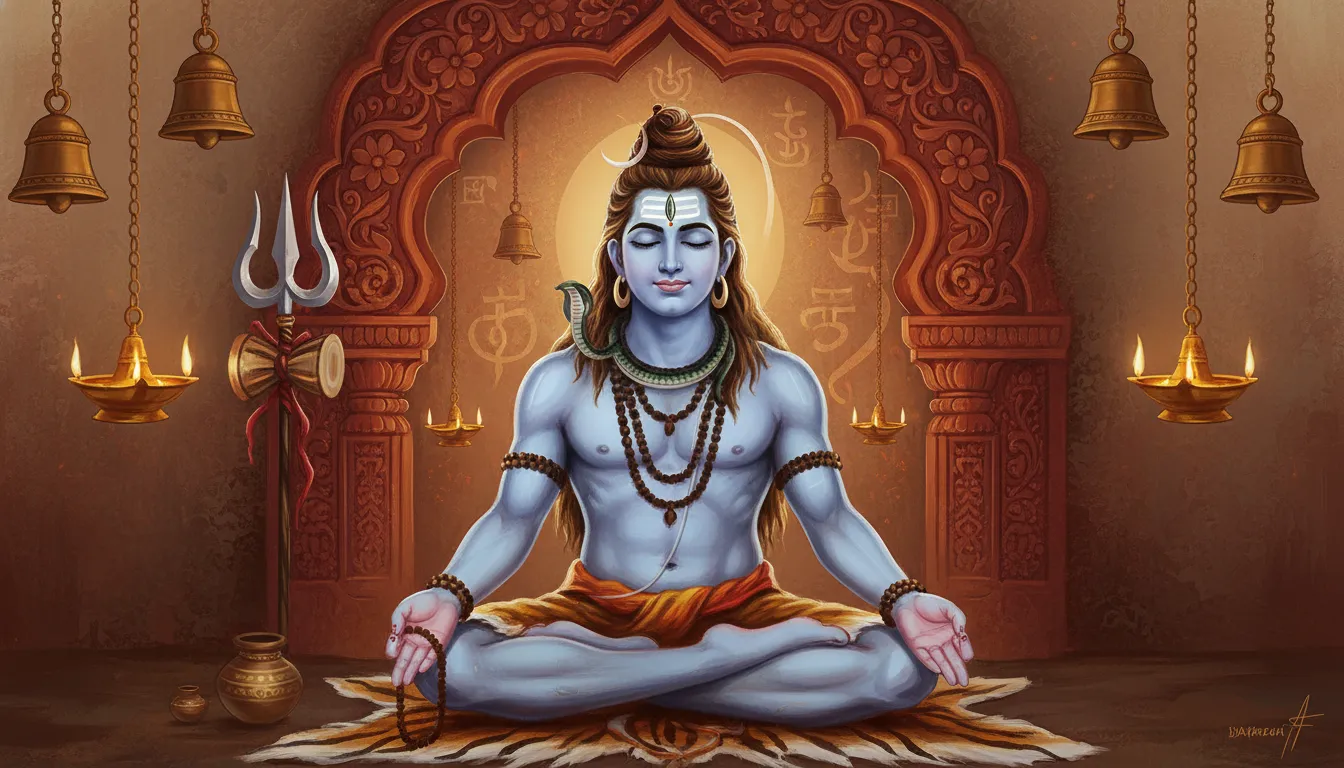 A devotional artwork showing Lord Shiva seated in meditation with sacred lamps, bells, a trident, and an ornate temple-style background.