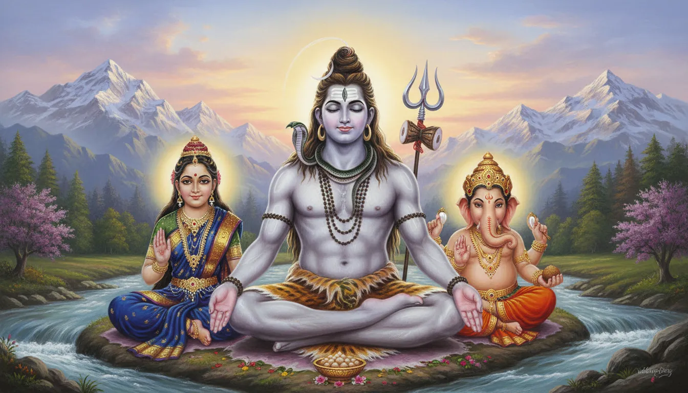 Shiva meditating with Parvati and Ganesha in peaceful pose